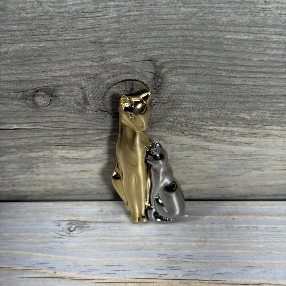 Vintage Shiny Silver & Gold Tone Siamese Mother Cat & Kitten Brooch Pin 2.25"